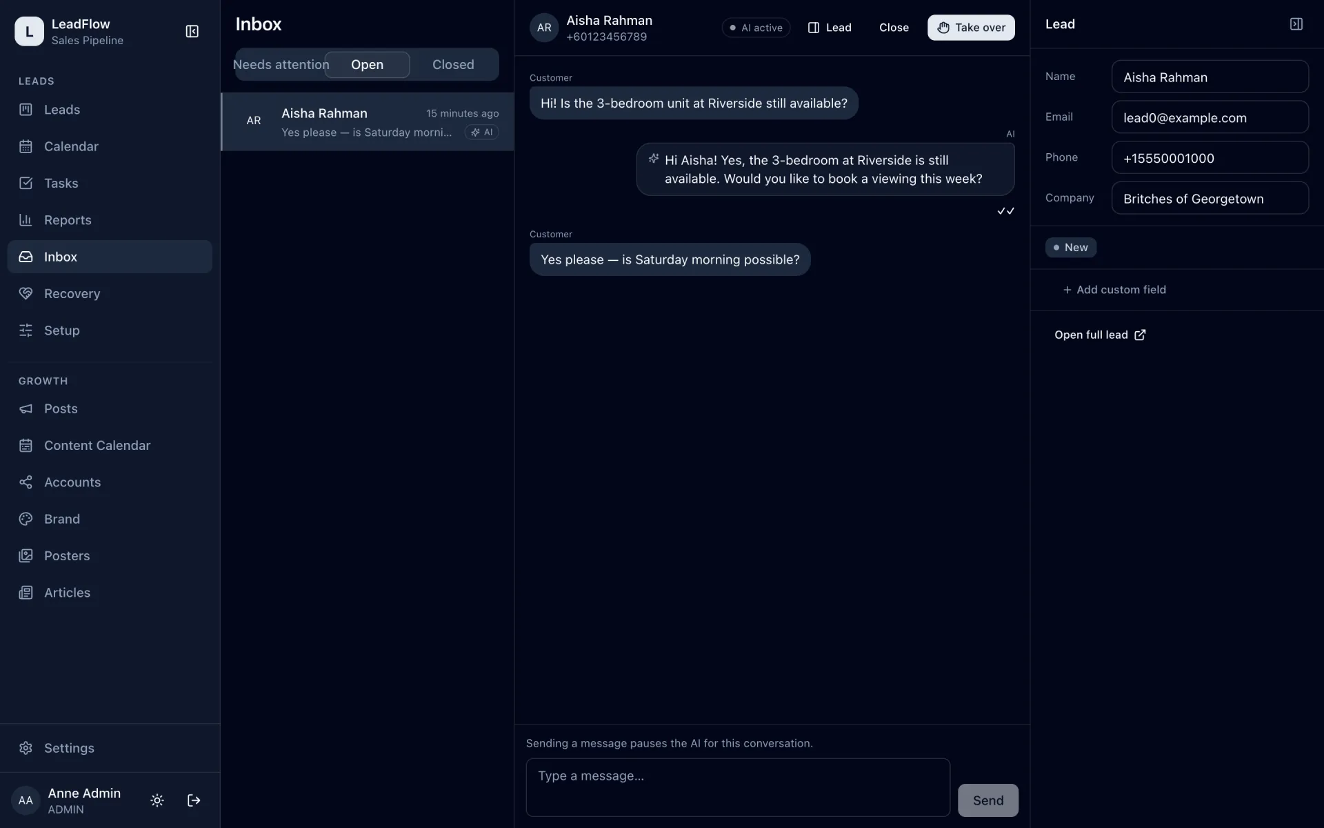 LeadFlow WhatsApp inbox: an AI reply to a customer, with a Take over button.