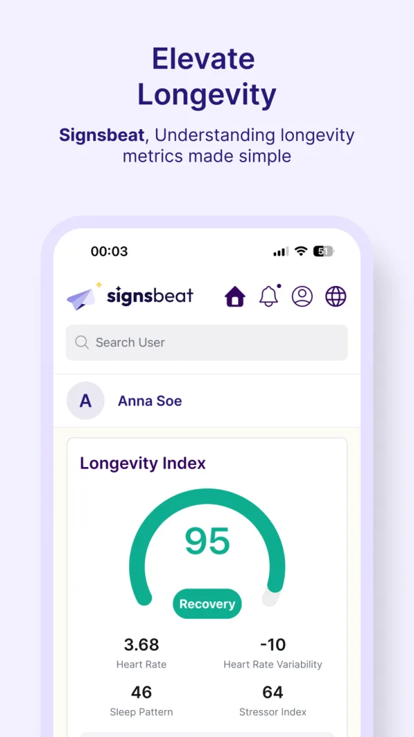 Signsbeat longevity index showing a score of 95 with heart rate and sleep metrics.