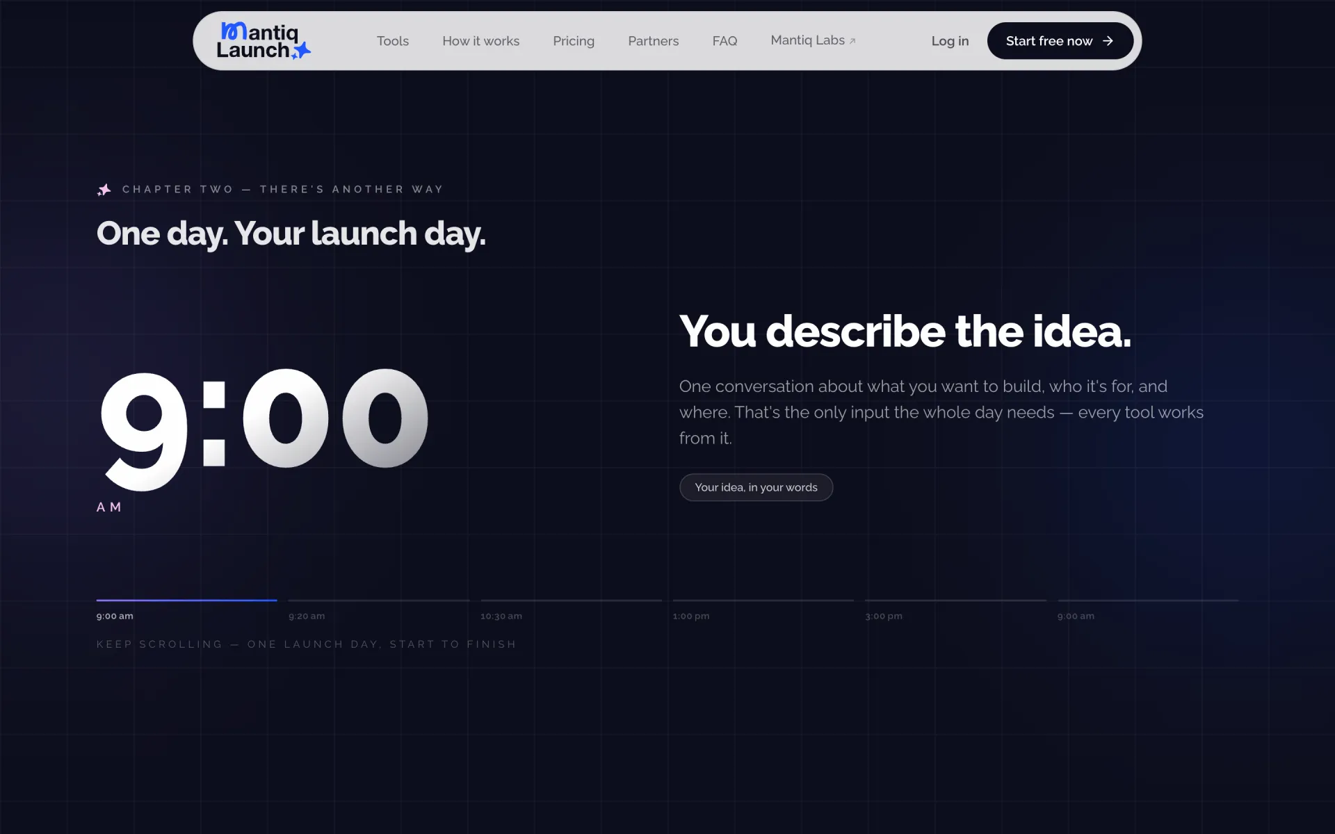 Mantiq Launch walks a founder through a single launch day, starting at 9:00 am.